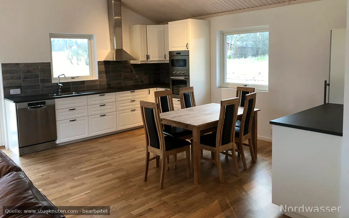 Nybyggt hus vid sjön Bolmen, båt, hund